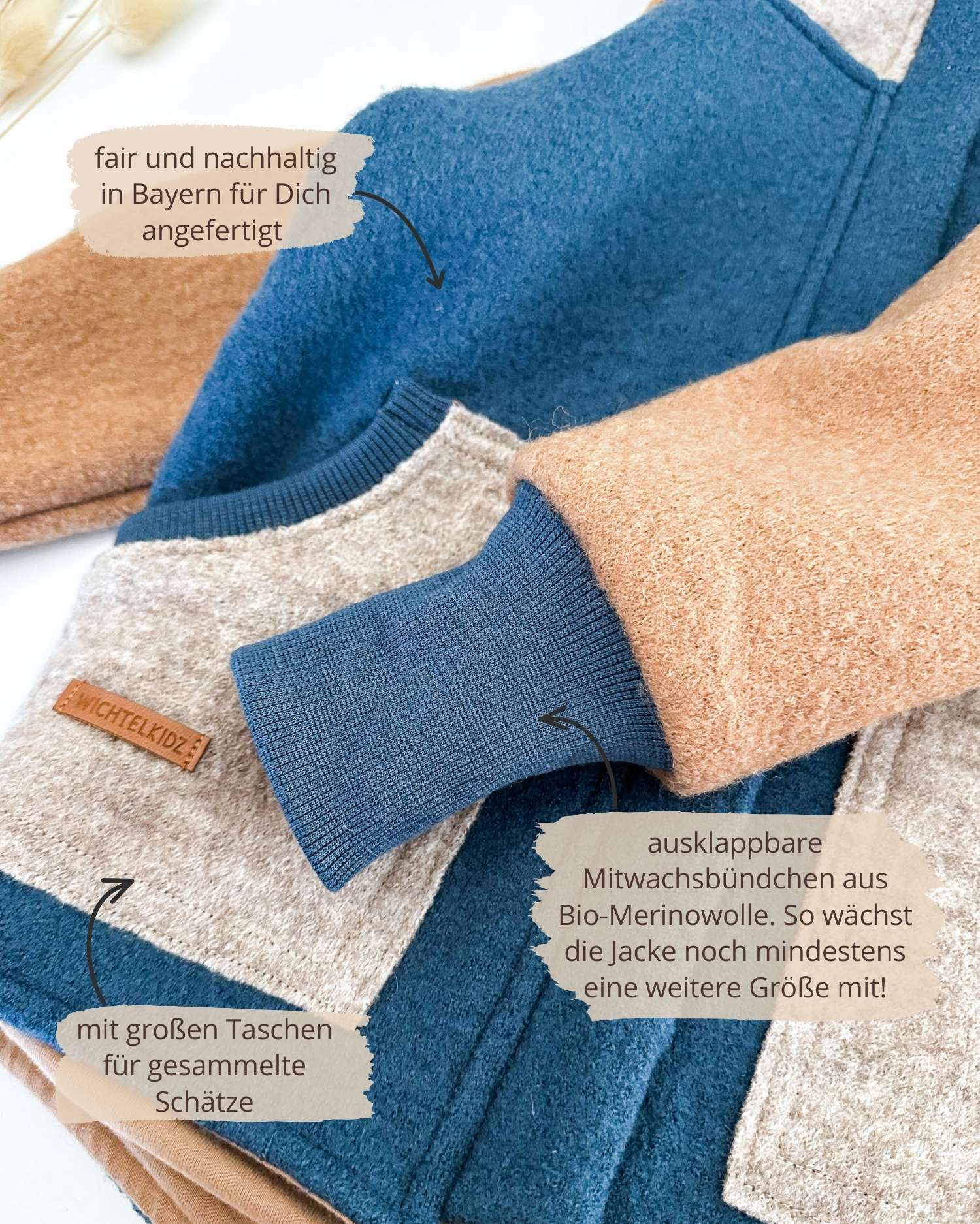 Colorblock Walkjacke für Kinder und Babys mit Wollbünchen aus Bio-Merinowolle